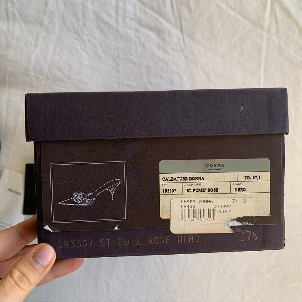 Vintage Prada Tweed Rosette Flower Pebbled Leather Pointy Toe Mules Kitten Heels - Picture 10 of 11